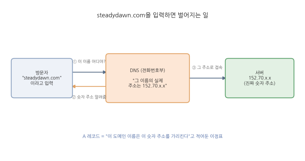 방문자가 도메인 이름을 입력하면 DNS가 그것을 서버의 IP 주소로 바꿔주어 접속이 이뤄지는 3단계 과정을 보여주는 다이어그램